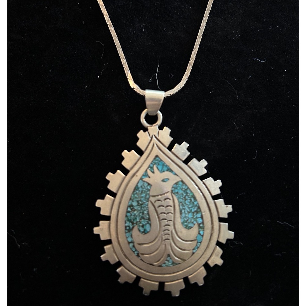 Vintage Southwestern Thunderbird Pendant Necklace –‎ Alpaca Silver & Turquoise